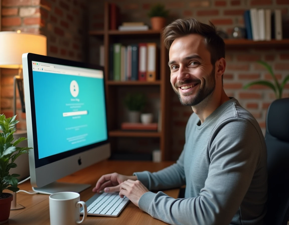 Homme consultant sa messagerie Zimbra depuis un bureau à domicile avec un ordinateur de bureau
