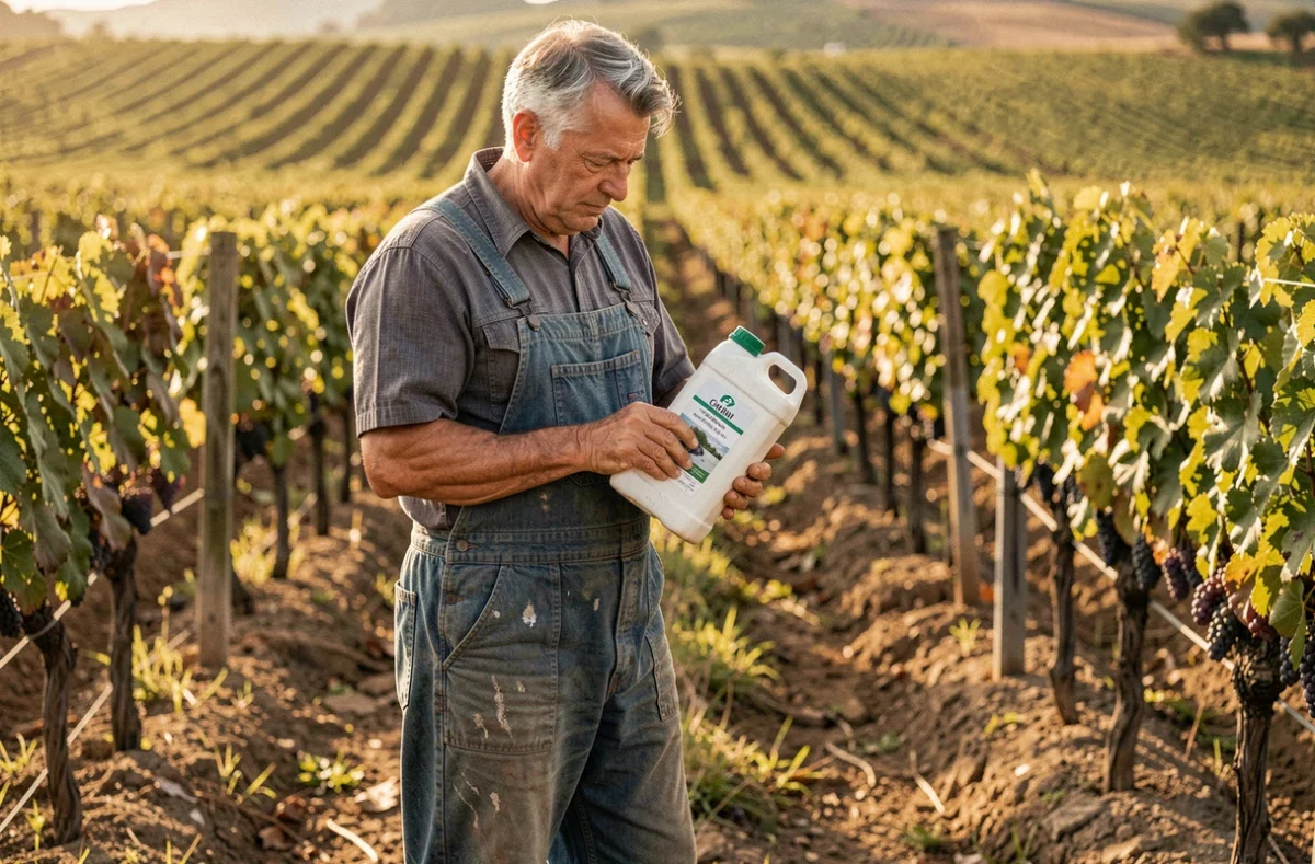Agriculteur portugais lisant l'étiquette d'un herbicide à base de glyphosate 360 dans un vignoble