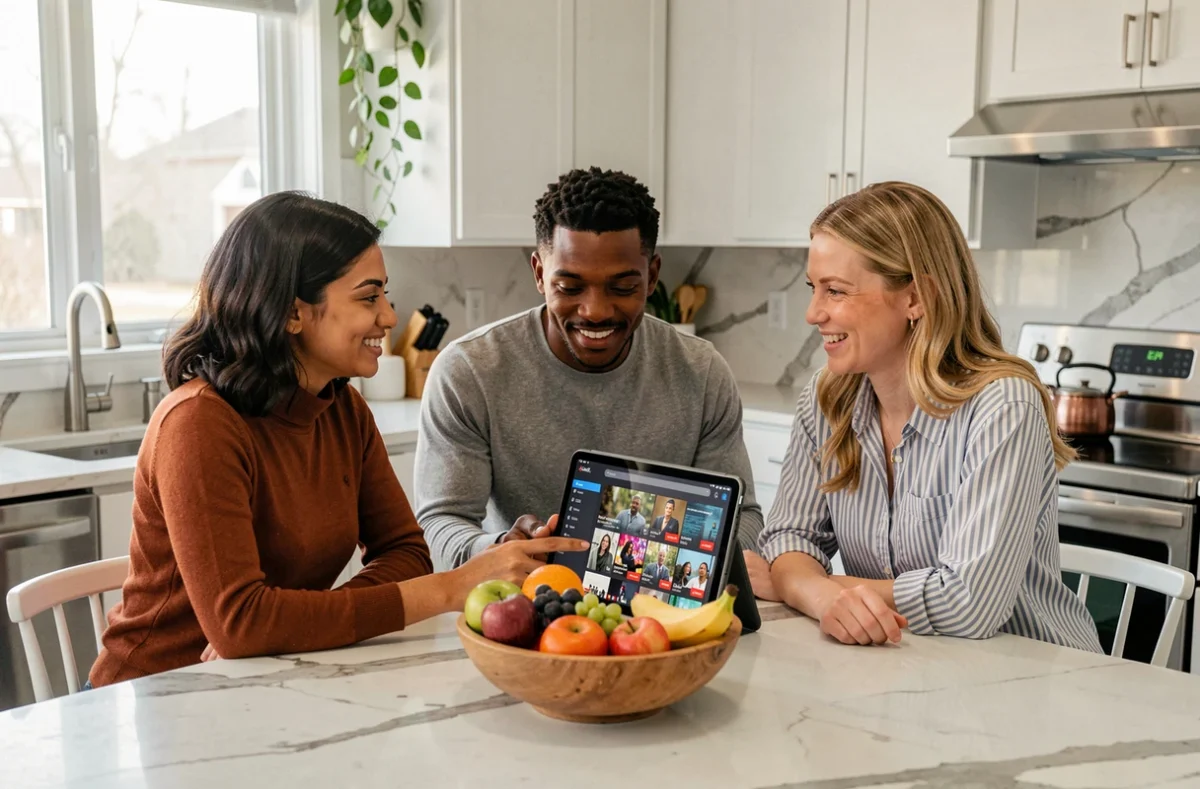 Groupe d'amis regardant une application de streaming sur tablette dans une cuisine contemporaine