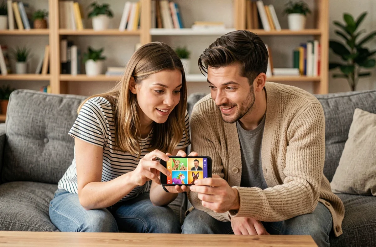 Deux amis jouant ensemble à 4 Images 1 Mot sur smartphone, cherchant une réponse de 9 lettres