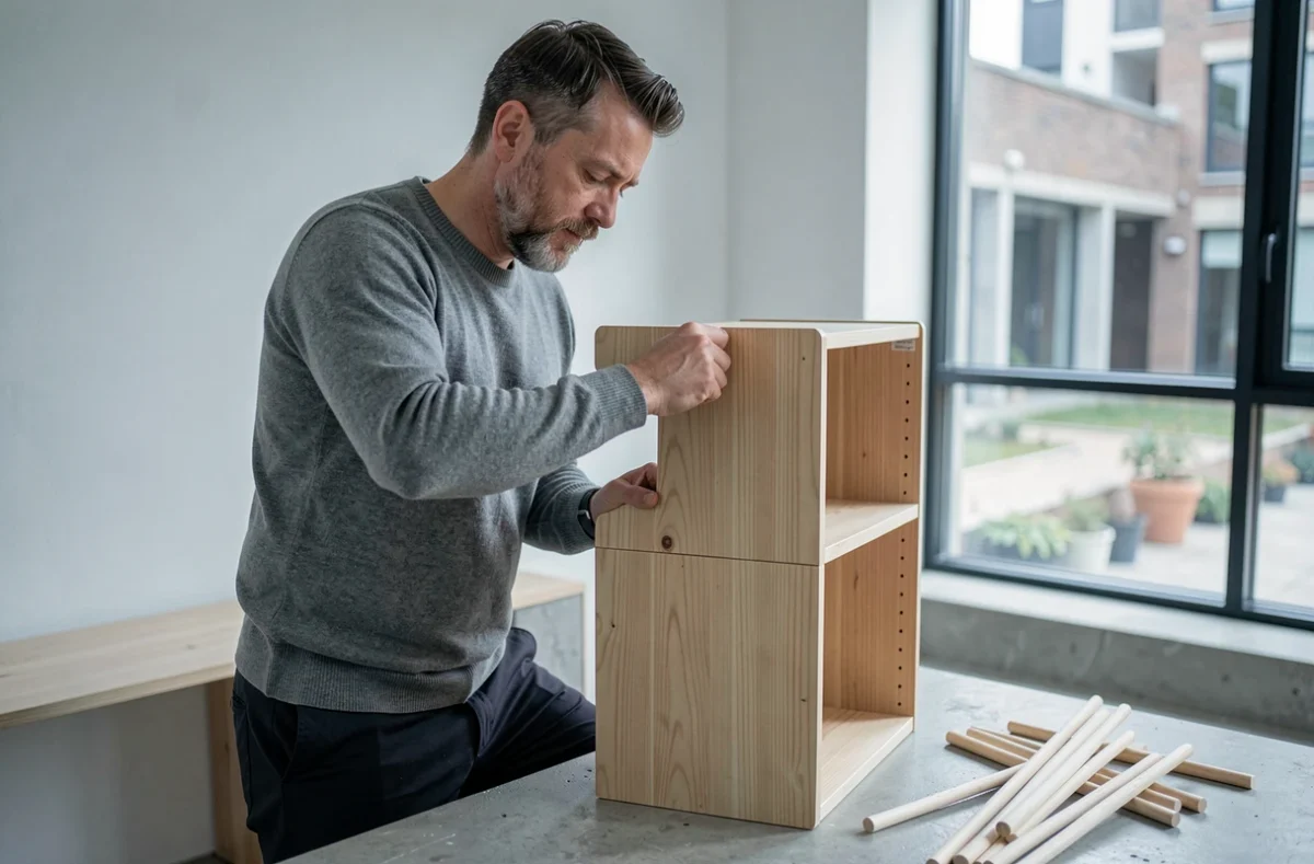 Homme assemblant une bibliothèque en bois minimaliste dans un bureau à domicile moderne et épuré