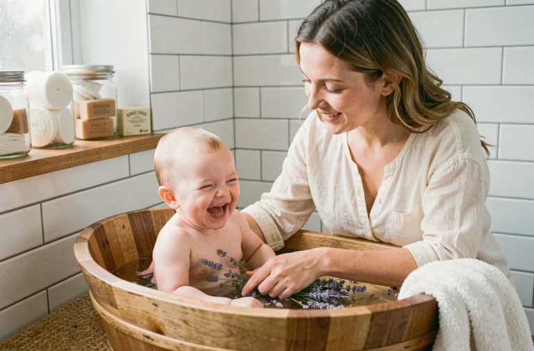Mère lavant son bébé dans une baignoire en bois avec des produits naturels et bio dans une salle de bain écologique