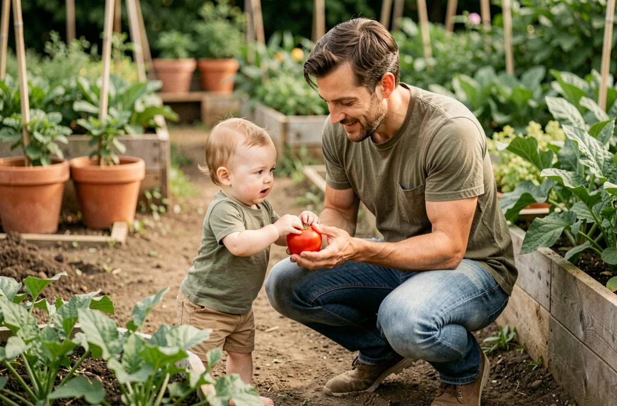 Père et bébé dans un potager bio, découvrant les légumes frais cultivés de manière naturelle et écologique
