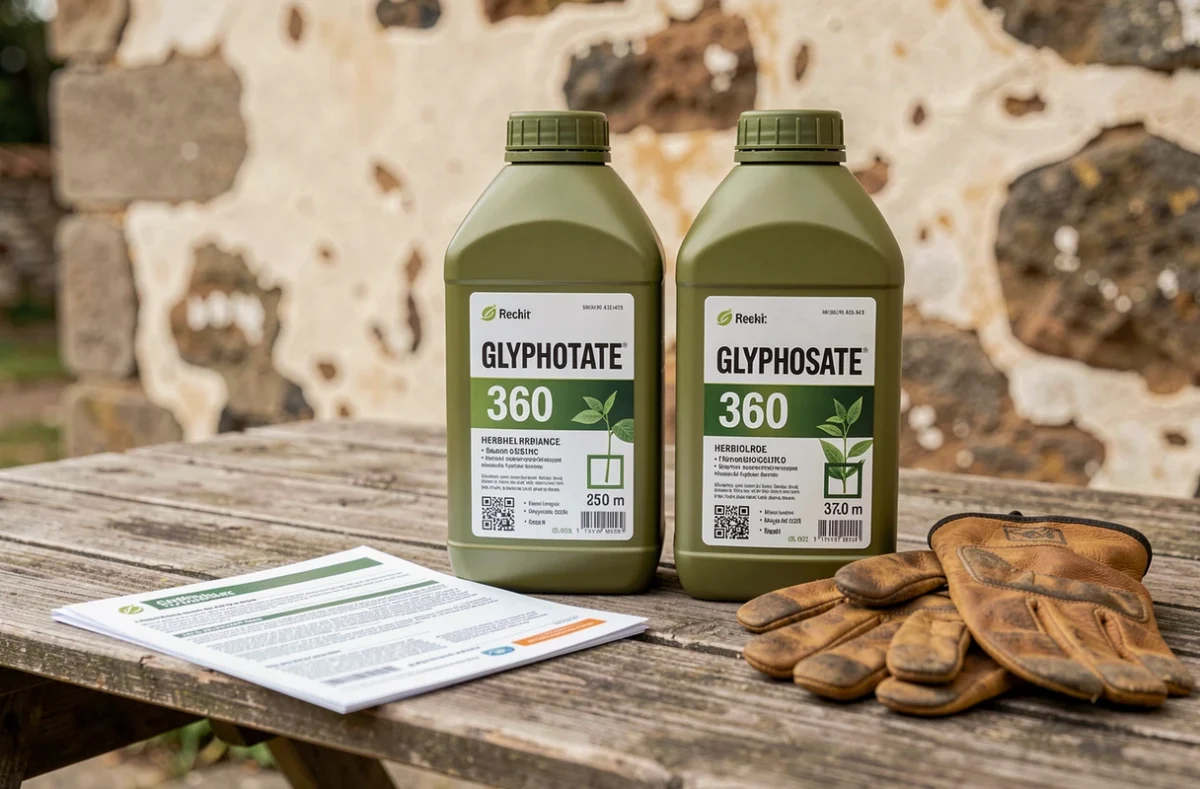 Bouteilles de glyphosate 360 et documents réglementaires sur une table de ferme portugaise en bois brut