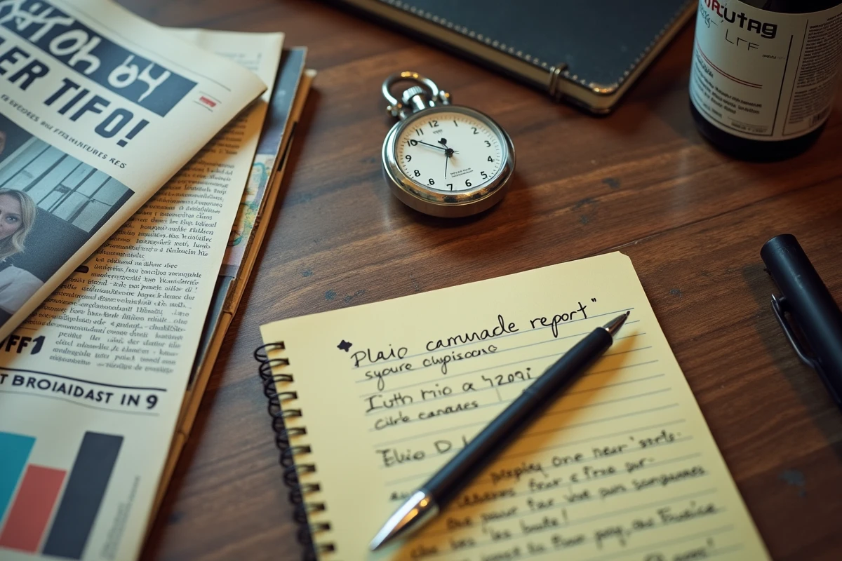Bureau journalistique avec rapports publicitaires TF1 et chronomètre pour analyser la durée des publicités