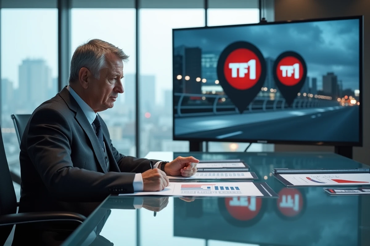 Cadre marketing analysant des données de temps publicitaire TF1 en salle de réunion moderne
