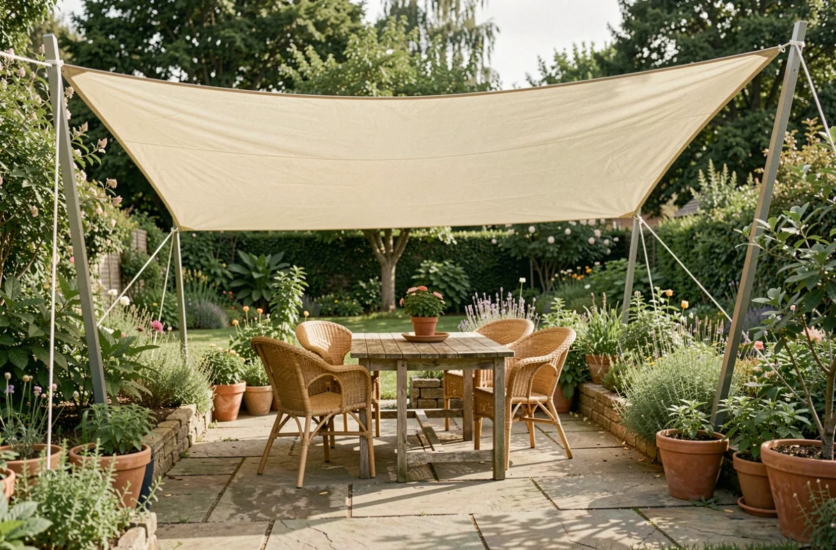 Coin ombragé aménagé sous une voile de toile triangulaire crème, avec table en bois, chaises en rotin et pavés en pierre naturelle
