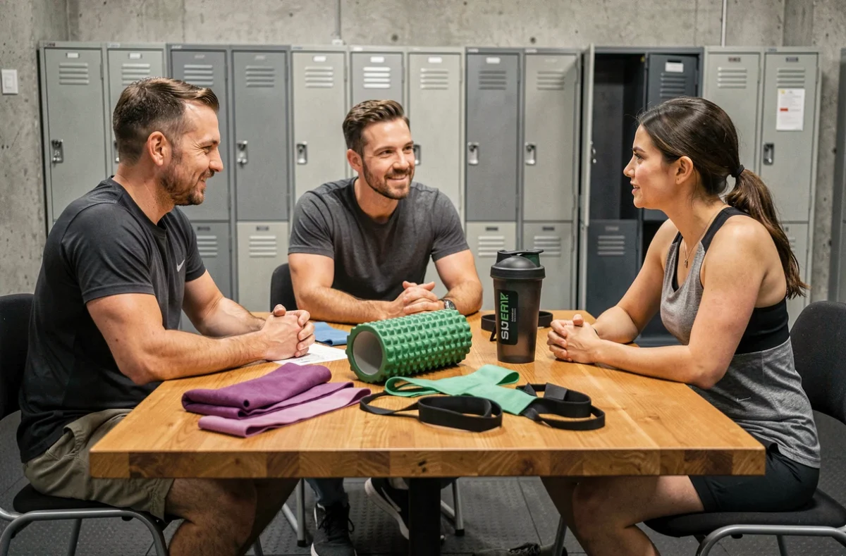 Groupe de sportifs comparant différents équipements sportifs essentiels dont bandes élastiques et rouleau de massage dans une salle de sport