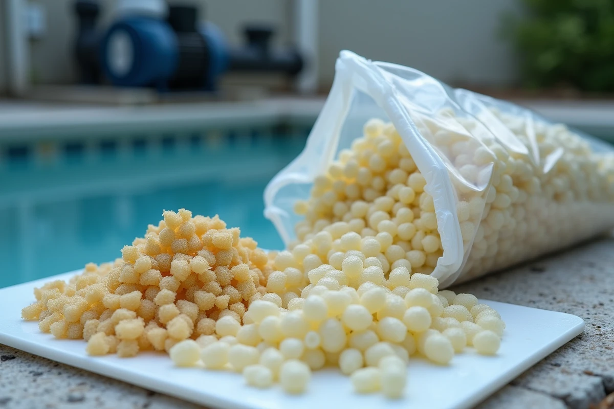 Comparaison entre du verre de filtration usé et du verre neuf pour filtre de piscine sur plateau en plastique blanc