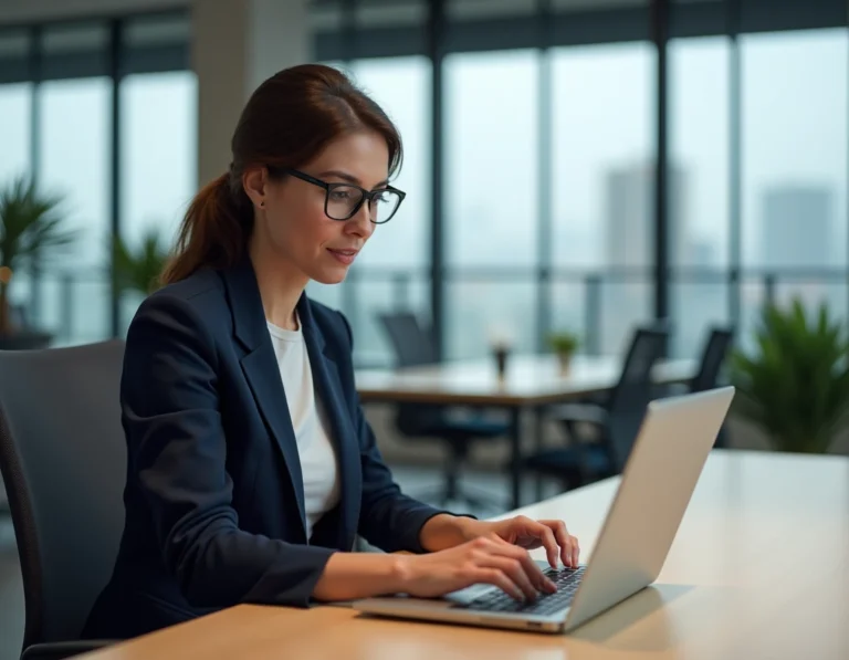 Femme professionnelle se connectant à sa messagerie Zimbra sur un ordinateur portable dans un bureau moderne