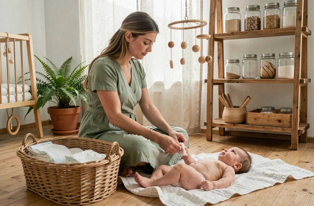 Mère pliant des couches lavables en coton bio dans une chambre de bébé minimaliste et écologique avec des accessoires naturels
