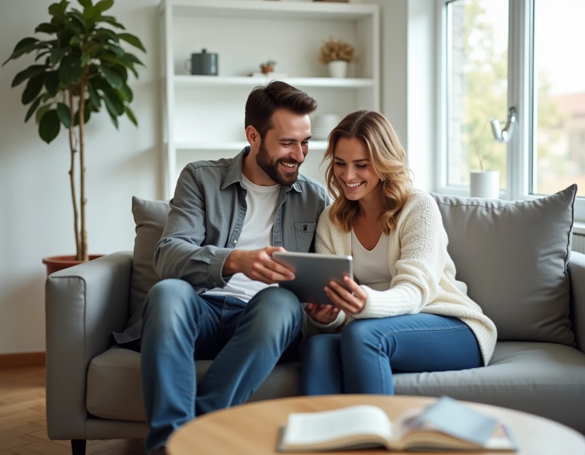 Couple consultant un site de planification de mariage sur une tablette dans leur salon moderne