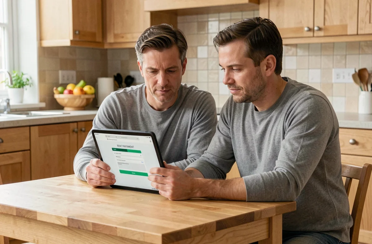 Couple consultant la confirmation de paiement de loyer en ligne sur une tablette dans la cuisine