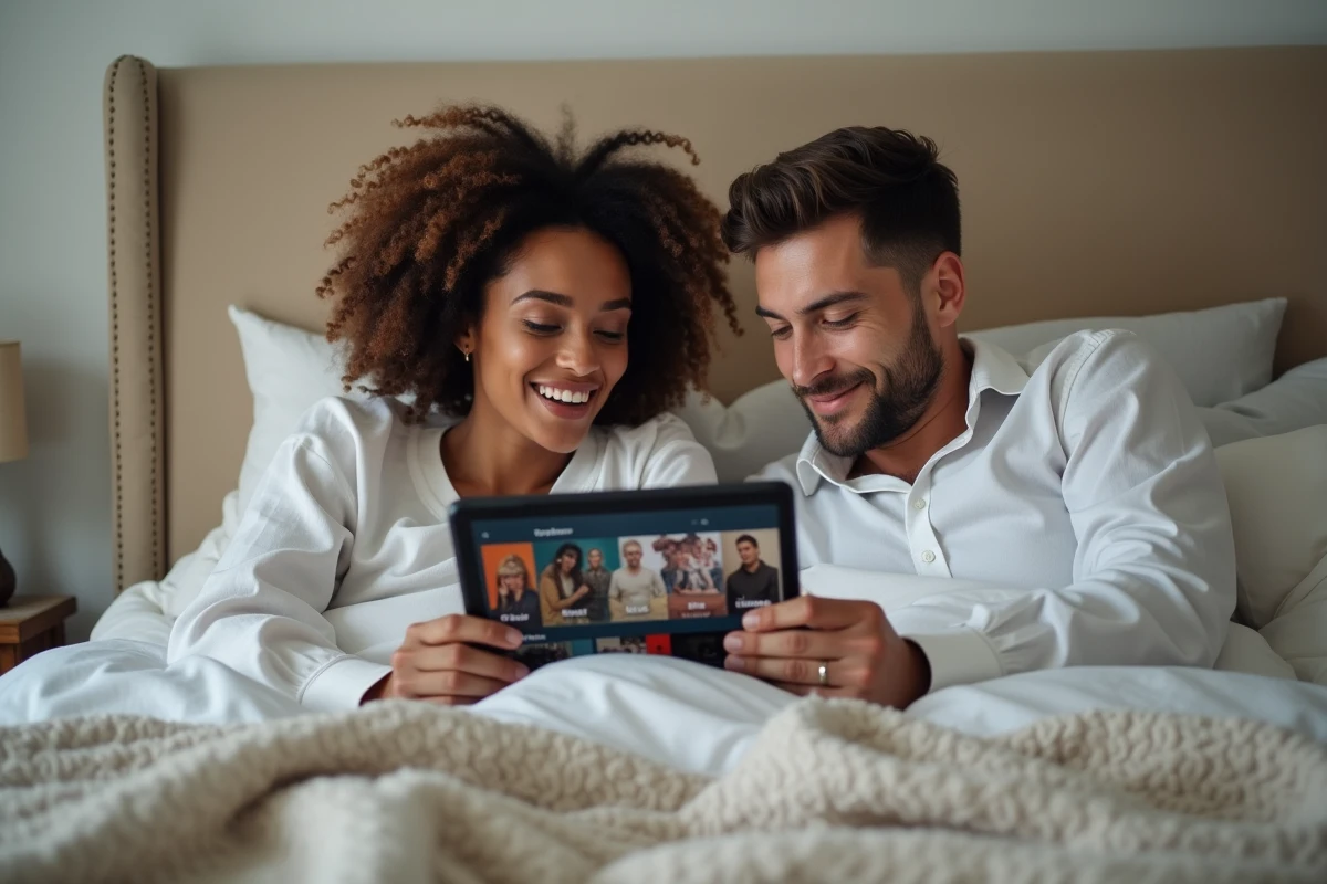 Couple regardant ensemble une plateforme de streaming sur tablette dans une chambre cosy et minimaliste