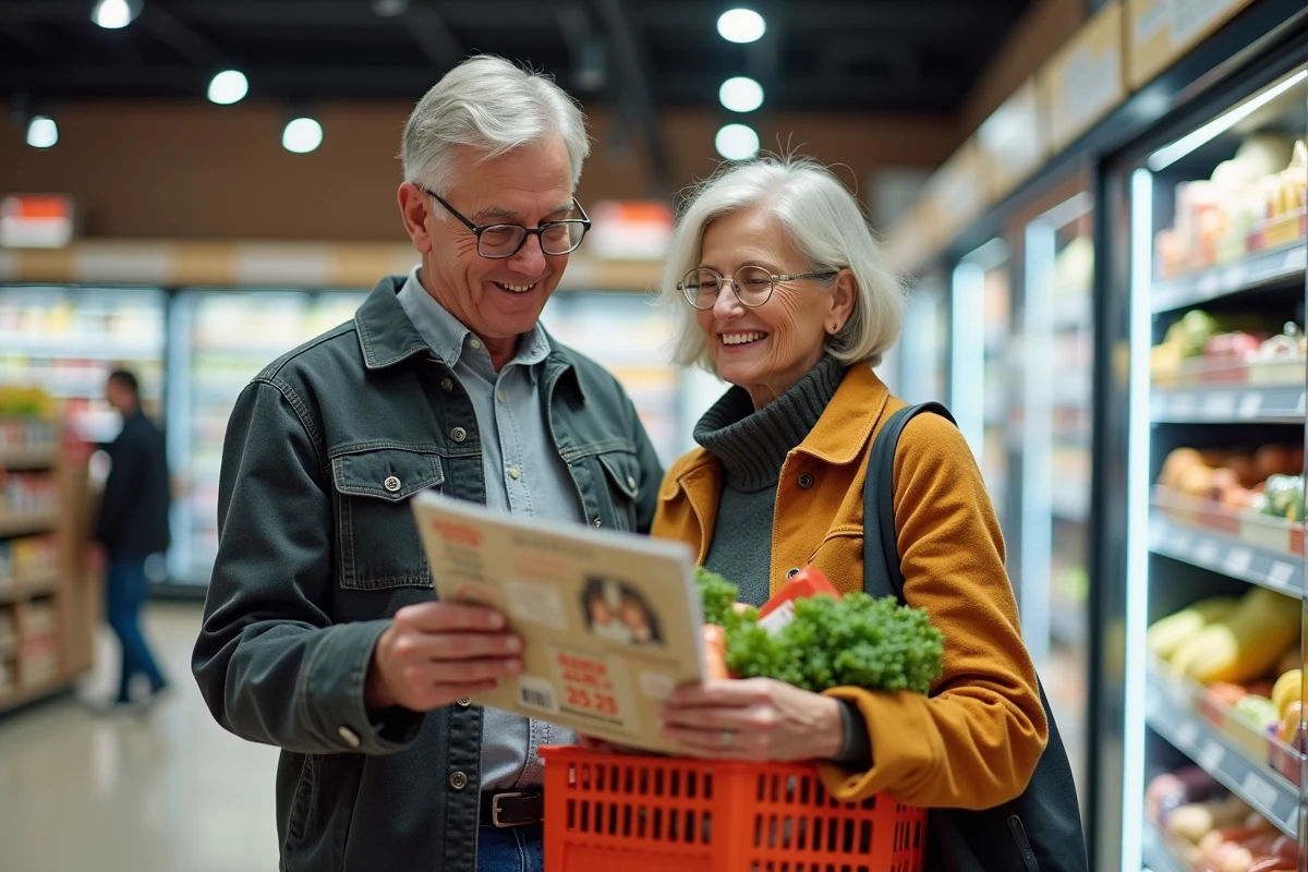 Couple examinant un carnet de vignettes Intermarché dans un rayon de supermarché pour optimiser leurs économies