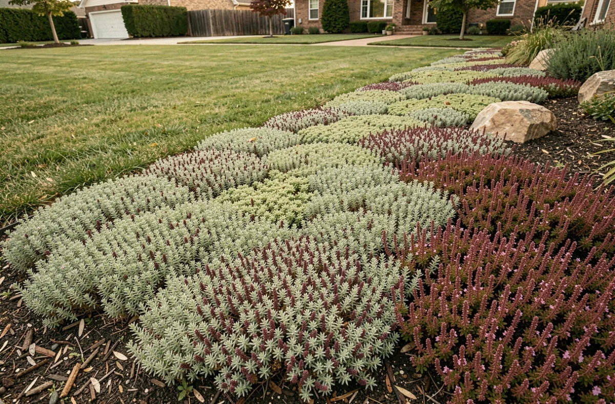 Portion de pelouse remplacée par un couvre-sol résistant à la sécheresse comme le thym et le sédum, créant un tapis végétal texturé et coloré