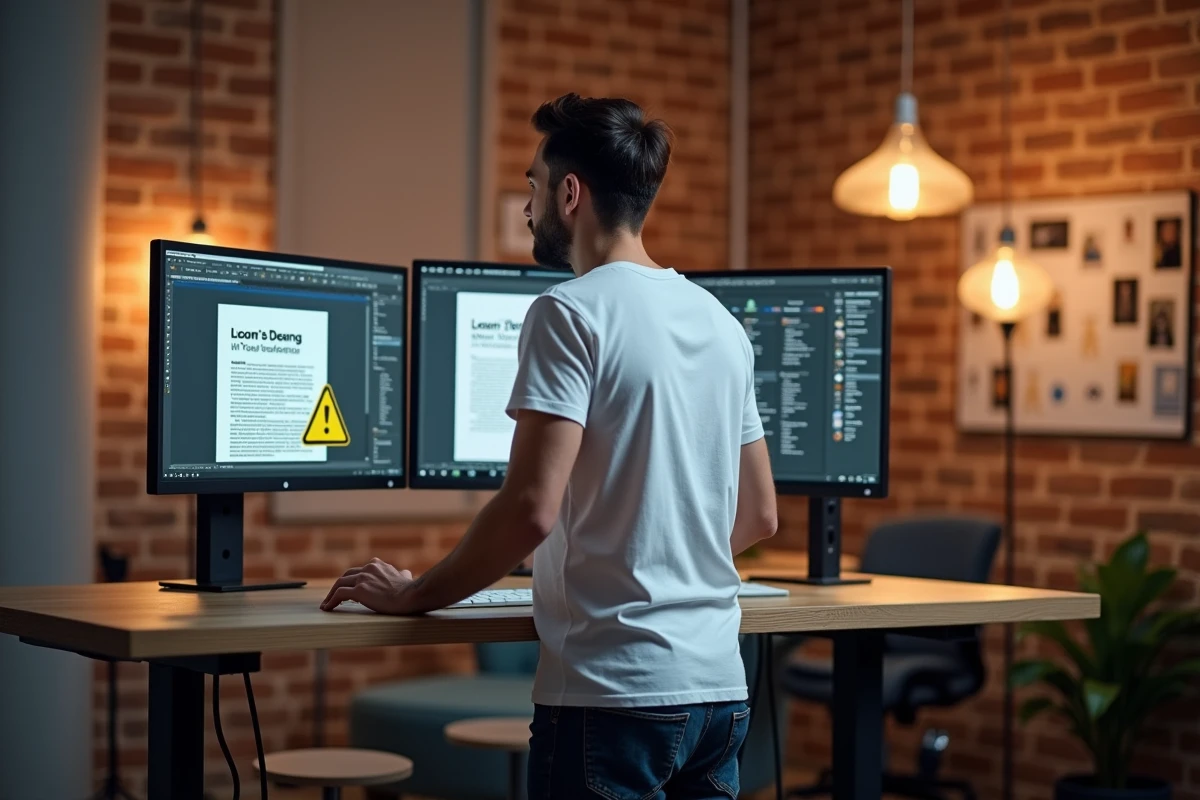 Designer debout devant un double écran dans un studio créatif en train d'insérer un logo attention dans Word