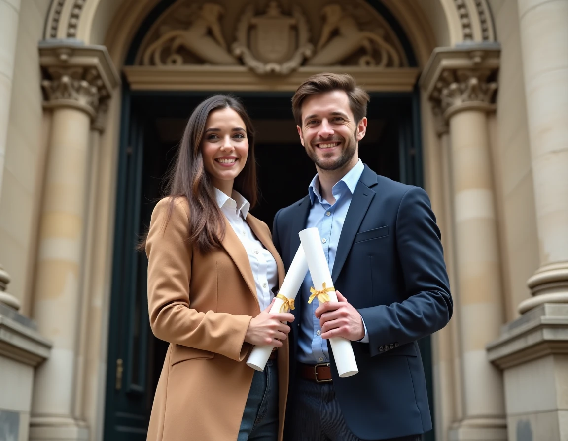 Deux diplômés de grande école tenant leur diplôme bac+6 devant une façade universitaire française en pierre