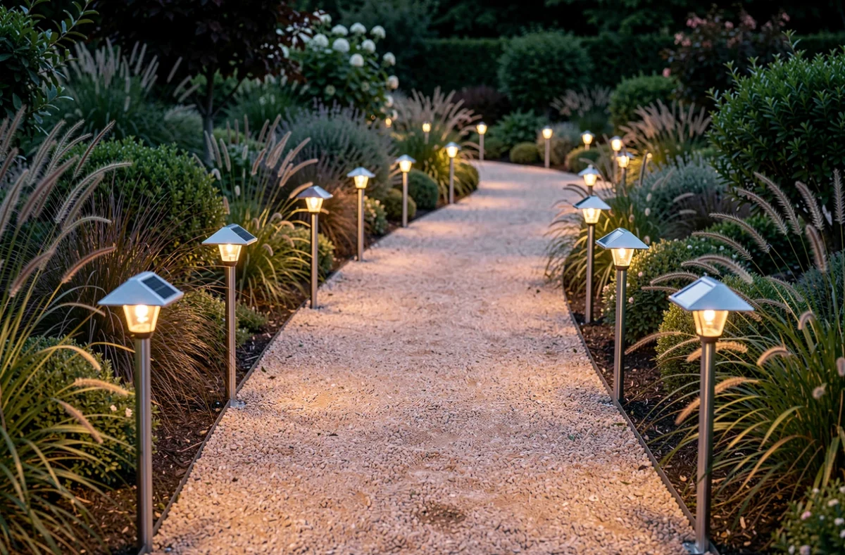 Cheminement de jardin en gravier bordé de lampes solaires sur piques disposées à intervalles réguliers, créant une allée illuminée au crépuscule