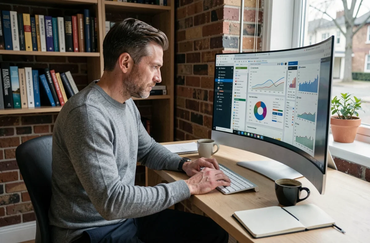 Entrepreneur analysant des tableaux de bord de performance et des stratégies de croissance numérique depuis son bureau à domicile