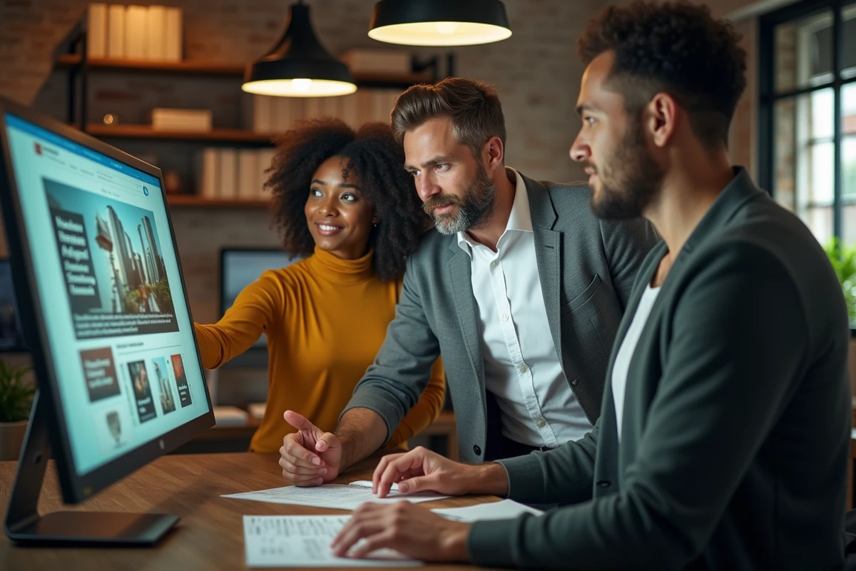 Équipe de collègues discutant des dernières actualités devant un écran dans un espace de travail moderne