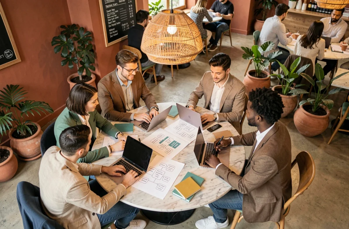 Groupe de jeunes entrepreneurs collaborant autour de stratégies innovantes pour accélérer la croissance de leur entreprise dans un café co-working