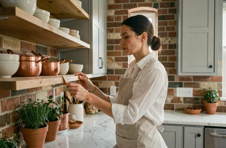 Femme arrangeant des ustensiles et bols en céramique sur des étagères en bois dans une cuisine moderne et stylée