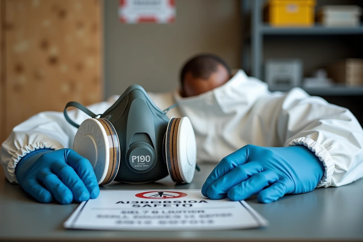 Équipements de protection individuelle contre l'amiante disposés sur un établi de chantier, incluant masque respiratoire P100, combinaison jetable et gants nitrile