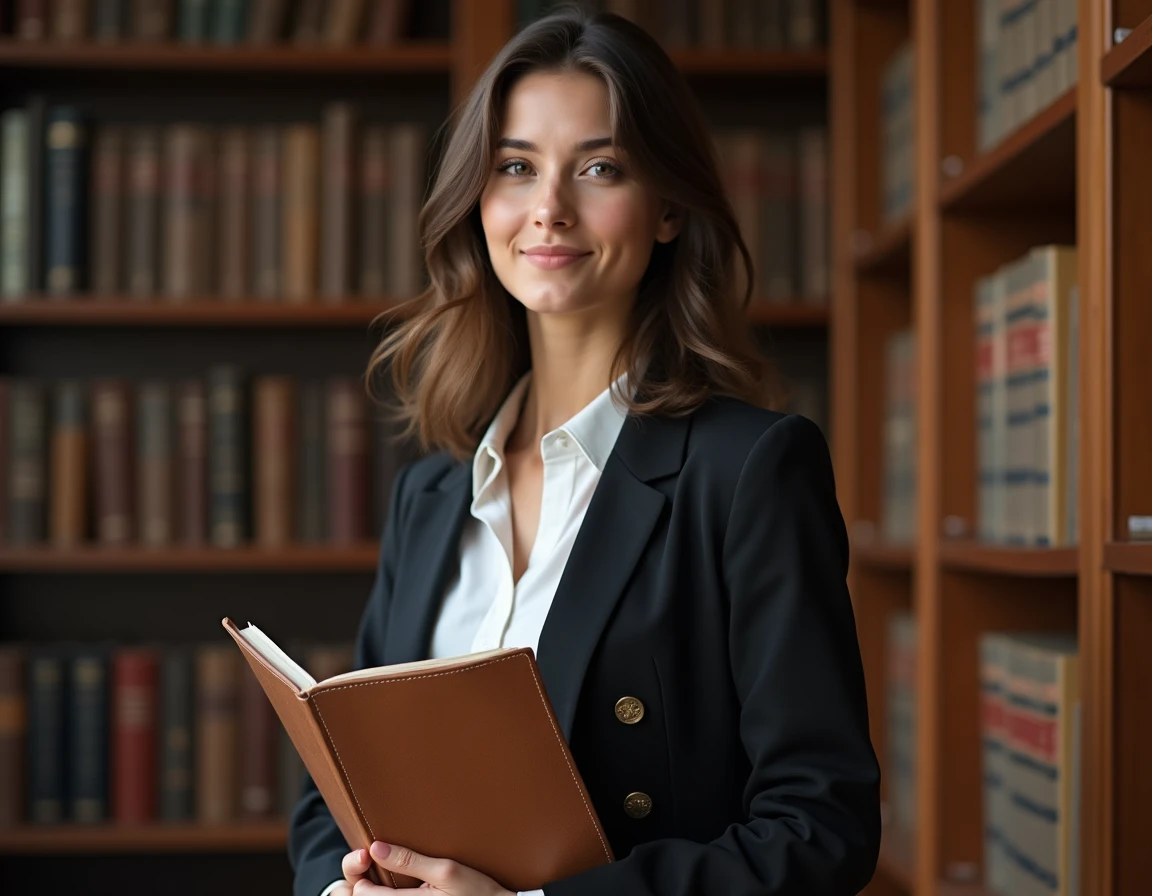 Étudiante en master 2 tenant sa thèse devant une bibliothèque universitaire, représentant le niveau bac+6 en France