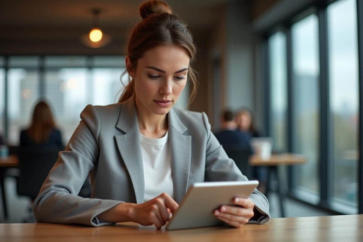 Femme en blazer gris consultant les actualités du jour sur une tablette dans un bureau moderne