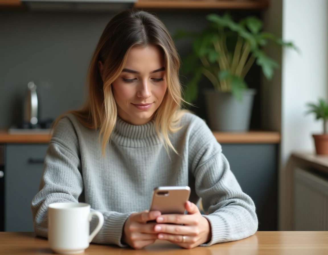 Femme consultant une alerte de disponibilité Doctolib sur son smartphone à la maison