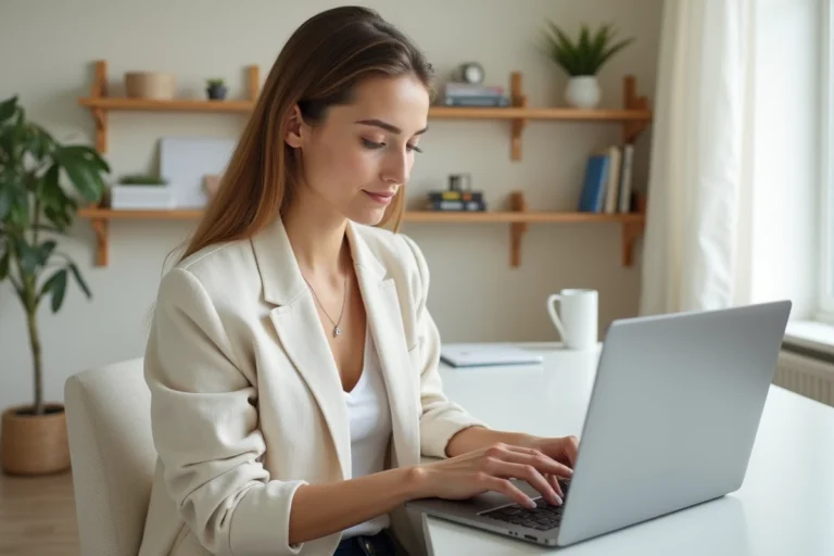 Jeune femme consultant un sitemap de collections de mode sur un ordinateur portable dans un bureau épuré et moderne