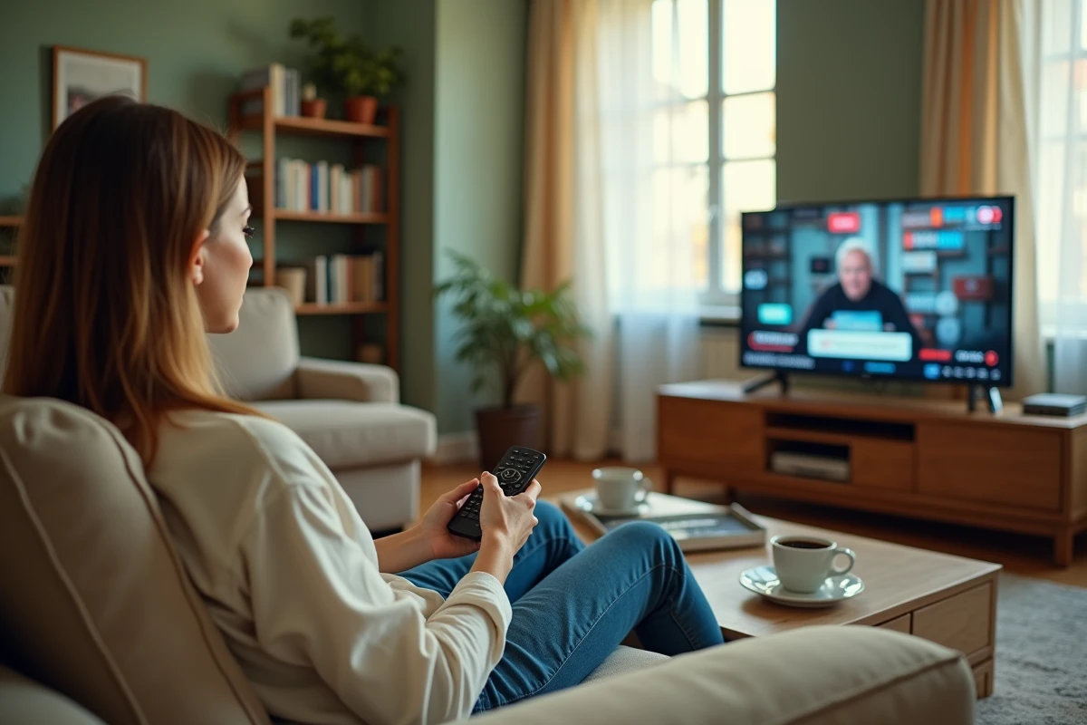 Femme regardant une coupure publicitaire sur TF1 dans un salon français typique