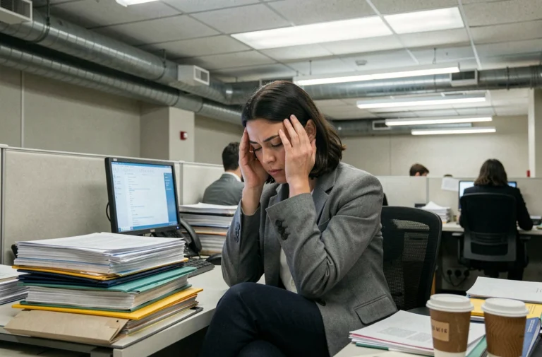 Femme fatiguée dans un bureau sans fenêtres se tenant les tempes, entourée de dossiers et d'un écran d'ordinateur allumé