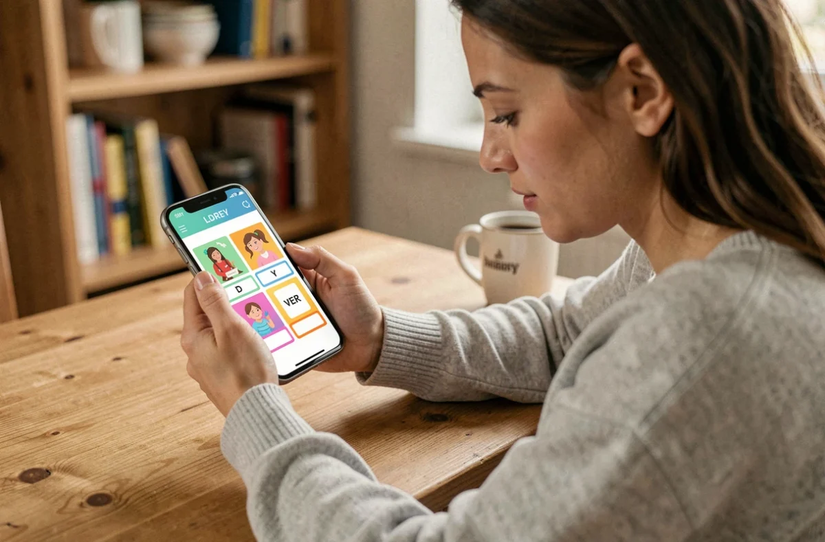Femme jouant à 4 Images 1 Mot sur smartphone, cherchant la réponse à une énigme de 9 lettres