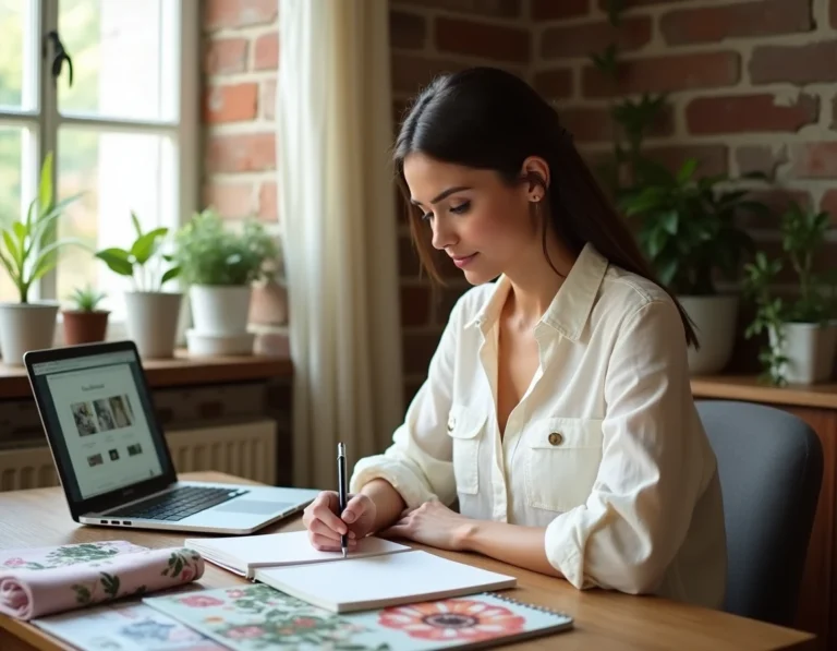 Jeune femme planifiant son mariage à son bureau avec un ordinateur portable et des magazines de mariage