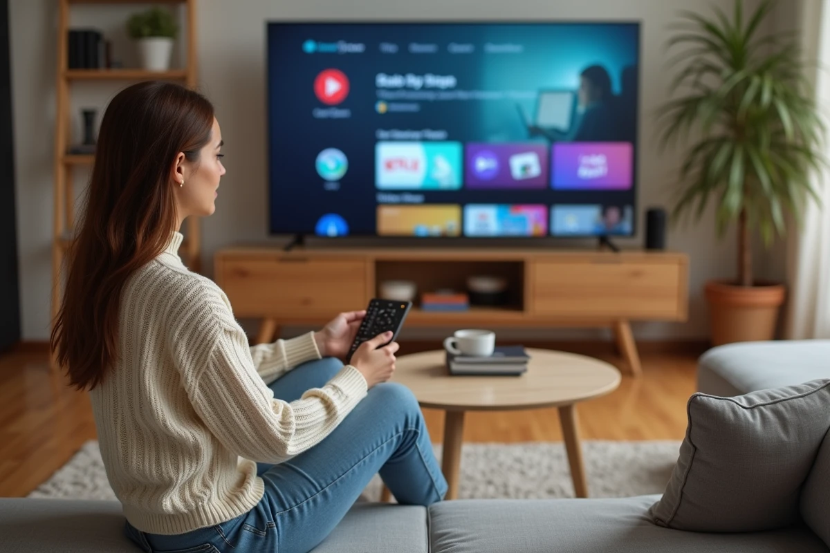 Jeune femme utilisant une nouvelle plateforme de streaming vidéo sur sa télévision dans un salon moderne et cosy