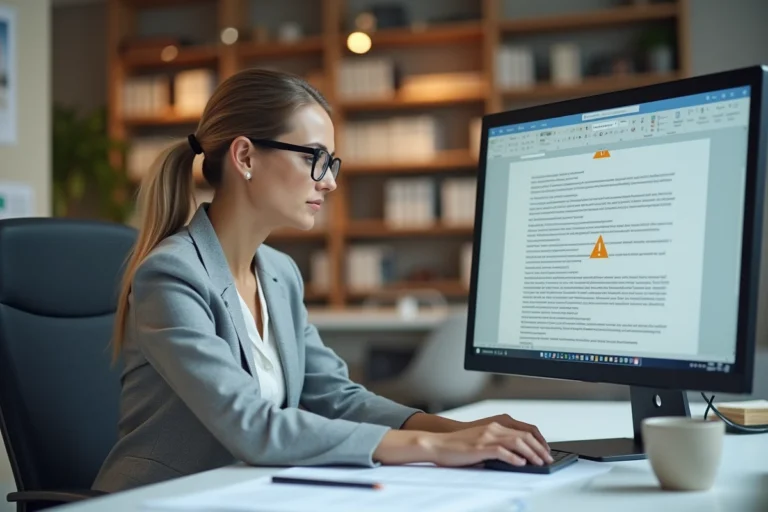 Femme professionnelle insérant un logo attention jaune dans un document Word sur un ordinateur de bureau en open space