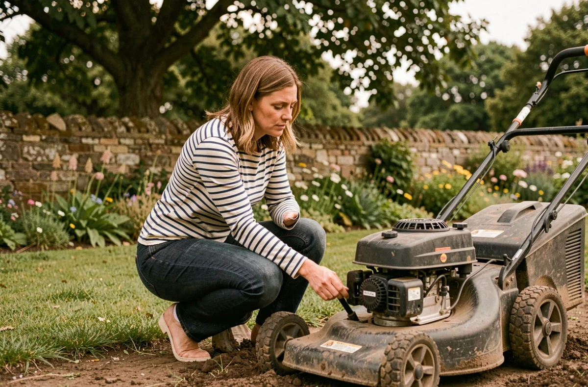 Femme réglant la hauteur de coupe d'une tondeuse thermique Greencut dans un jardin