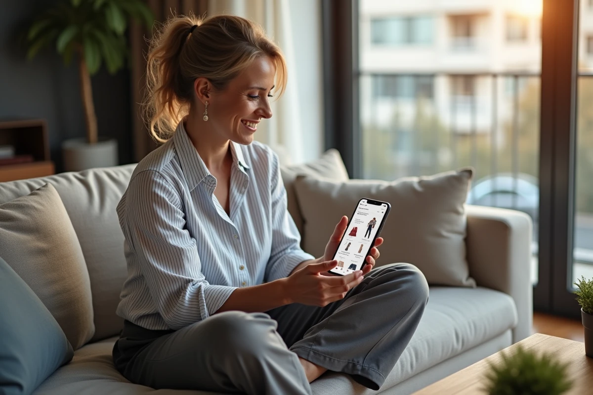 Femme assise sur un canapé consultant un sitemap de boutique de mode sur son smartphone dans un salon moderne