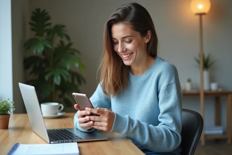 Femme souriante avec smartphone dans un bureau moderne