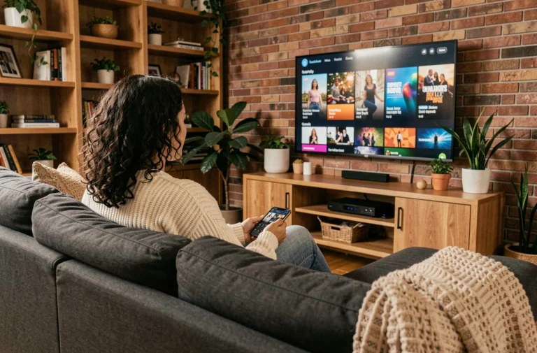 Femme regardant Wooka TV sur grand écran dans un salon moderne et cosy
