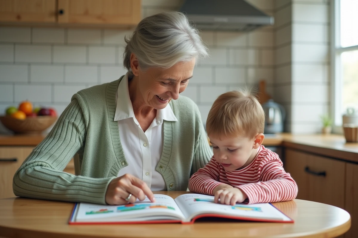 Grand-mère et enfant lisant ensemble un livre illustré à la table de cuisine, encourageant le développement du langage et l'éveil à la lecture