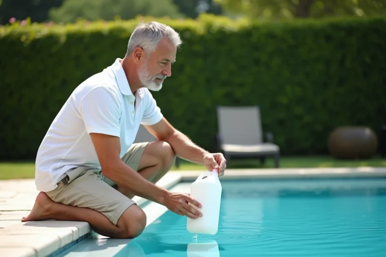 Homme d'âge moyen verse du chlore dans la piscine