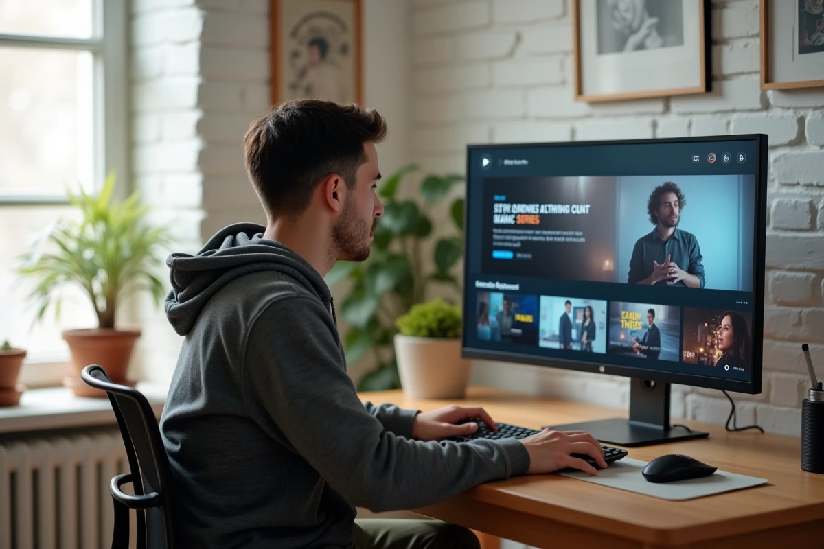 Homme découvrant une nouvelle plateforme de streaming sur son ordinateur dans un bureau à domicile contemporain