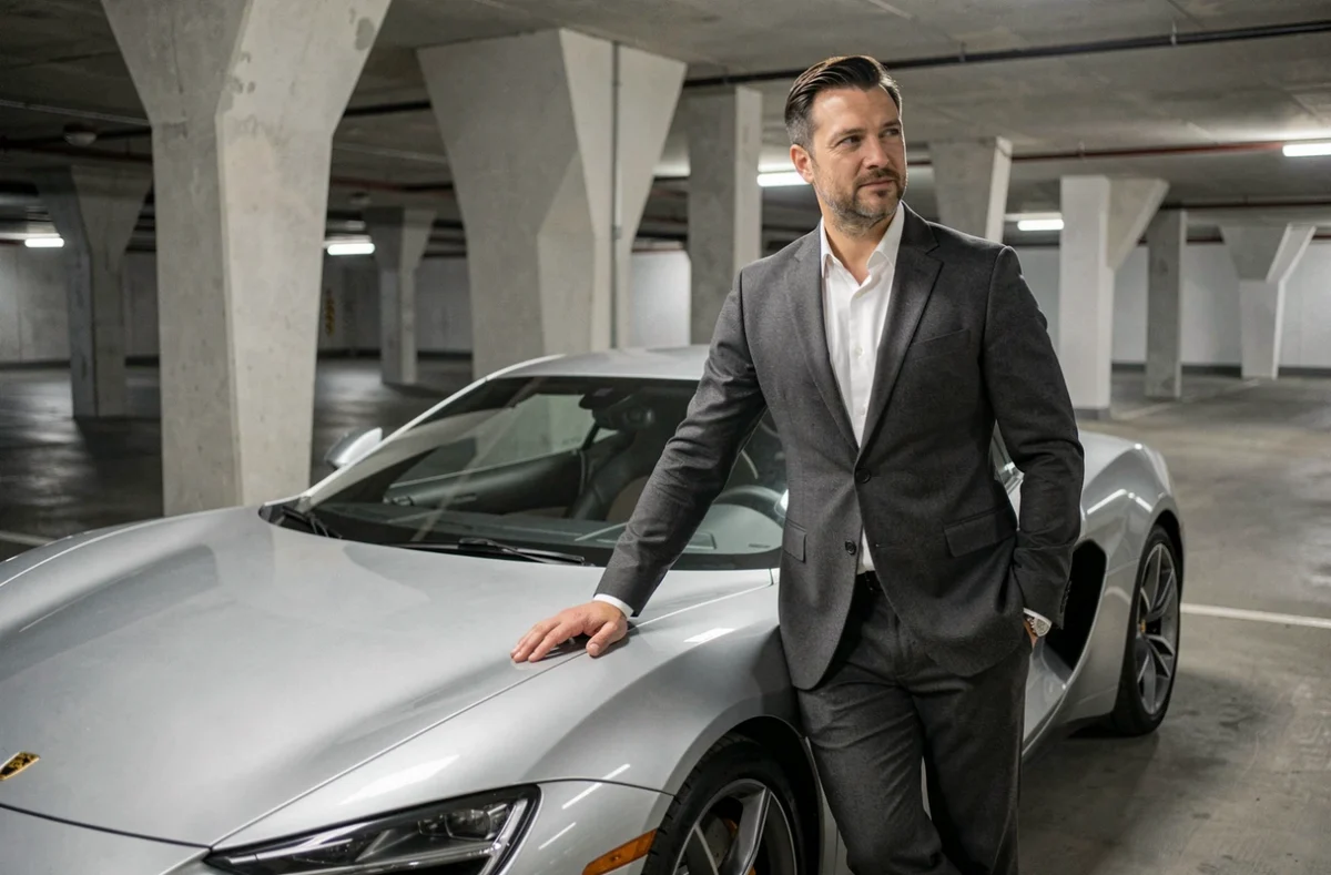 Homme élégant en costume gris posant à côté d'une voiture de prestige argentée dans un parking souterrain moderne