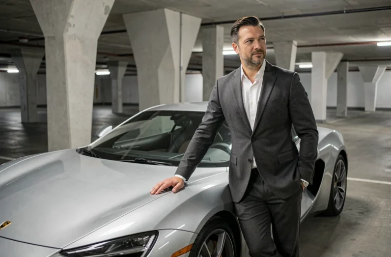 Homme élégant en costume gris posant à côté d'une voiture de prestige argentée dans un parking souterrain moderne