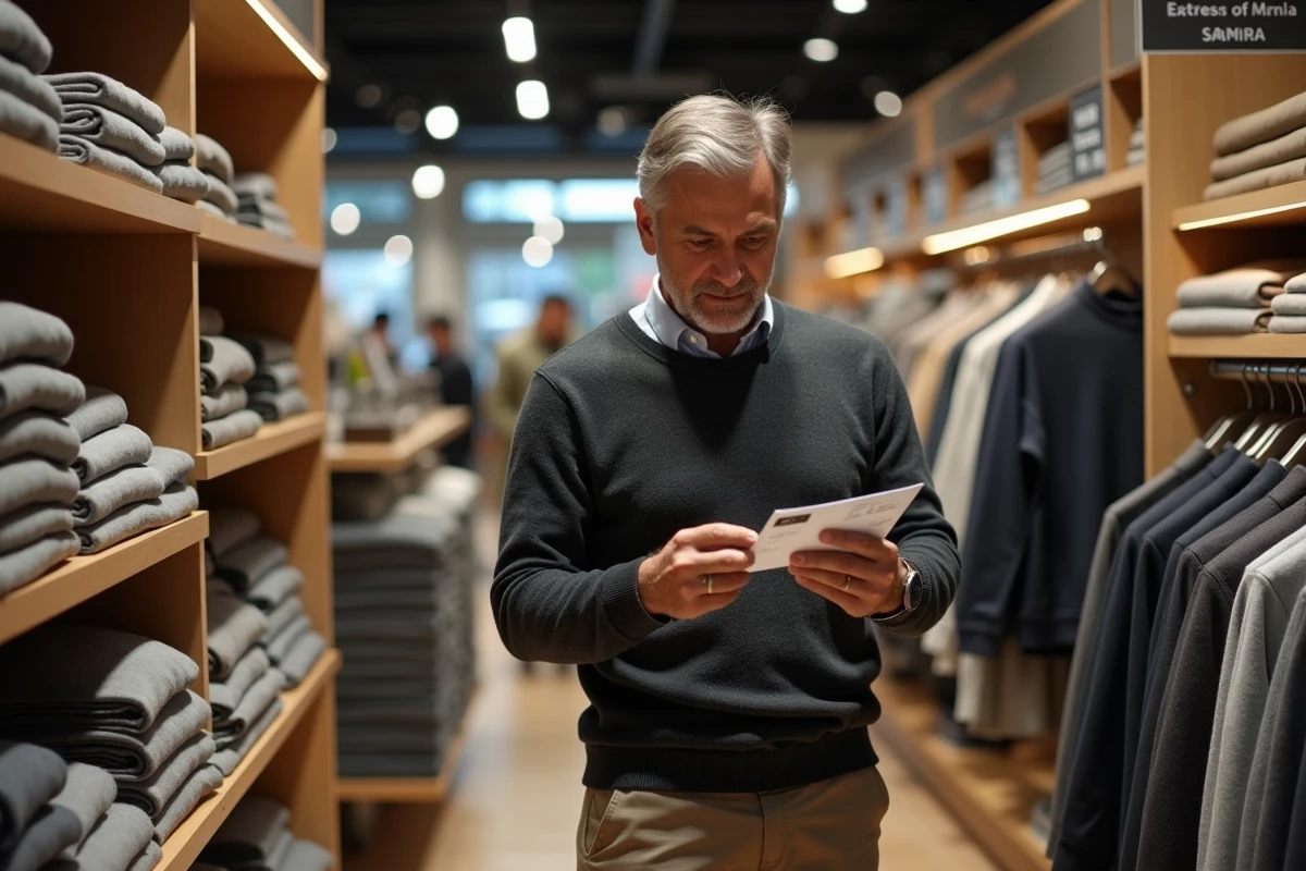 Homme examinant une étiquette de prix dans un grand magasin allemand pendant les soldes avec des rayons bien organisés en arrière-plan