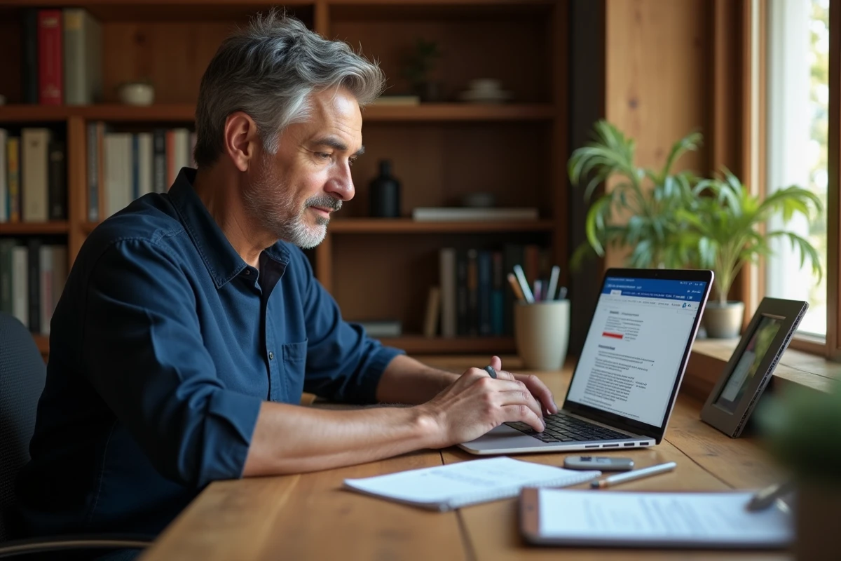 Homme travaillant depuis son bureau à domicile pour insérer un symbole d'avertissement dans un document Word sur laptop