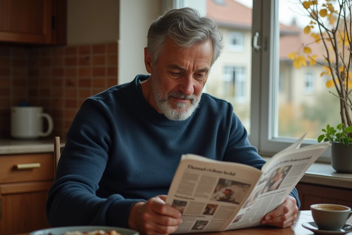 Homme lisant le journal du matin autour d'un café dans une cuisine chaleureuse à l'automne